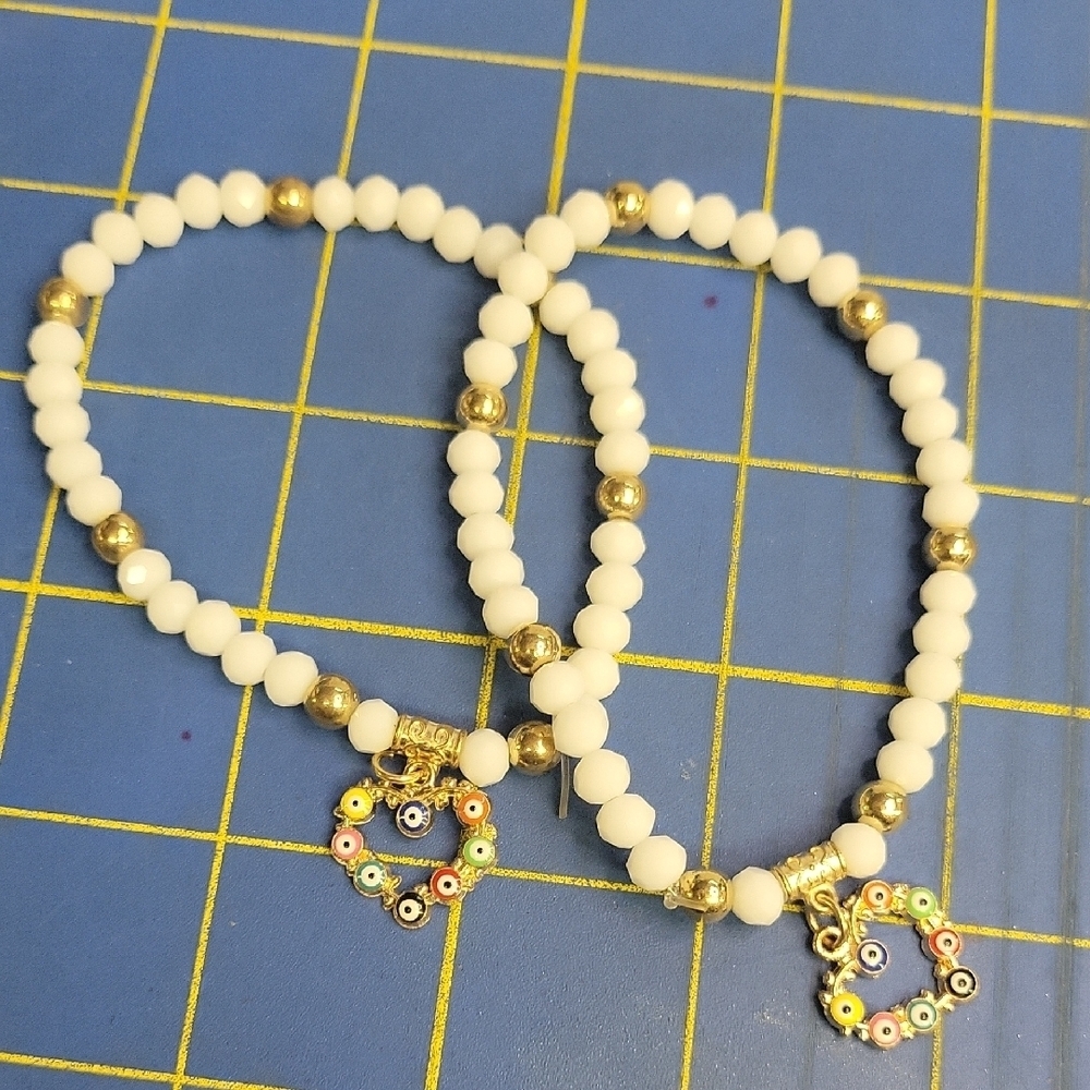 White Beads Gold Tone 8" Stretch Bracelet Set of 2